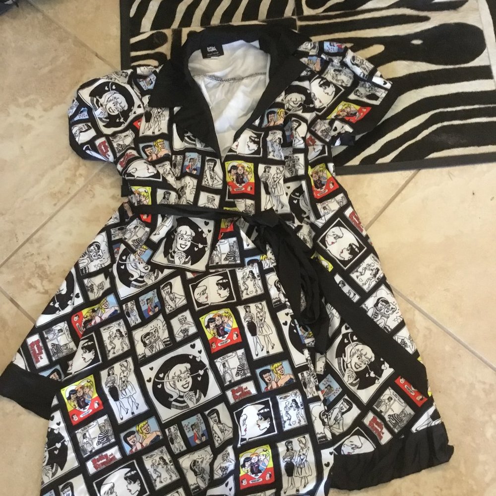 Unique Vintage Black White Comic Strip Fit-and-Flare Dress with Color Accents